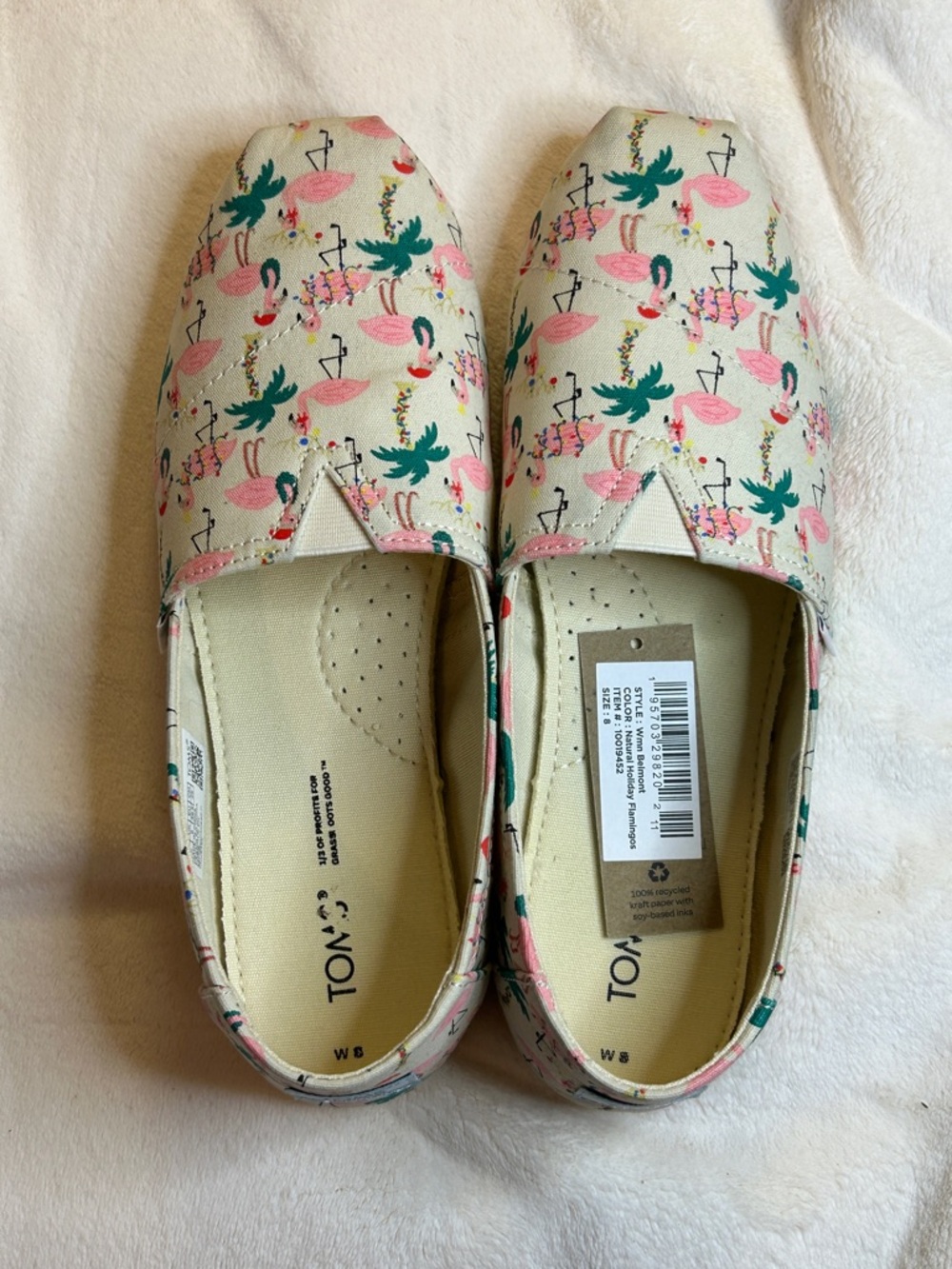 TOMS Canvas Slip-Ons Pink Flamingo and Teal Palm: Natural Holiday Flamingo Print